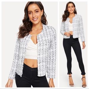 Frayed edge light weight tweed open jacket coat